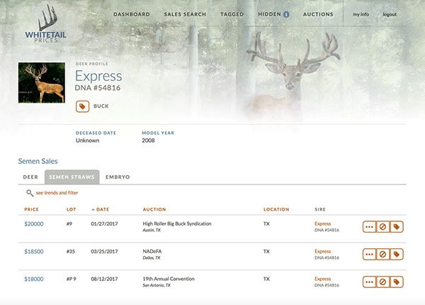 Screenshot: Deer profile showing list of semen straw sales